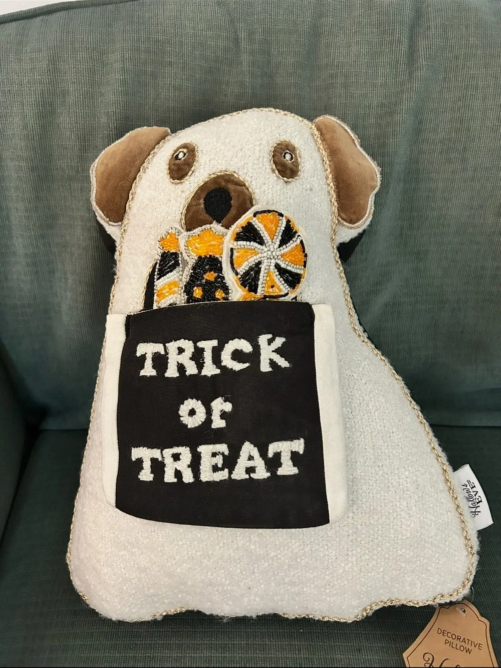 White Halloween Dog Pillow with 'Trick of Treat' Pocket Hallow’s Eve NWT